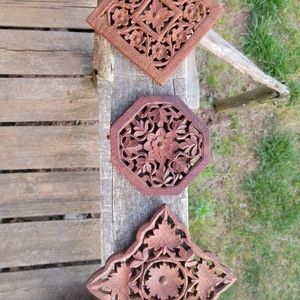 Vintage India Carved Wood Trivet Set of 3 Pot Holder Hot Plate Mid Century